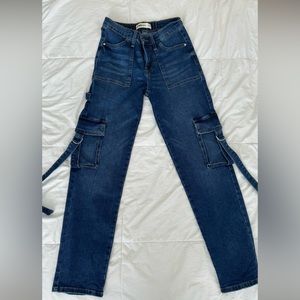 Baggy Cargo Jeans Dark Blue Long Strap Detail